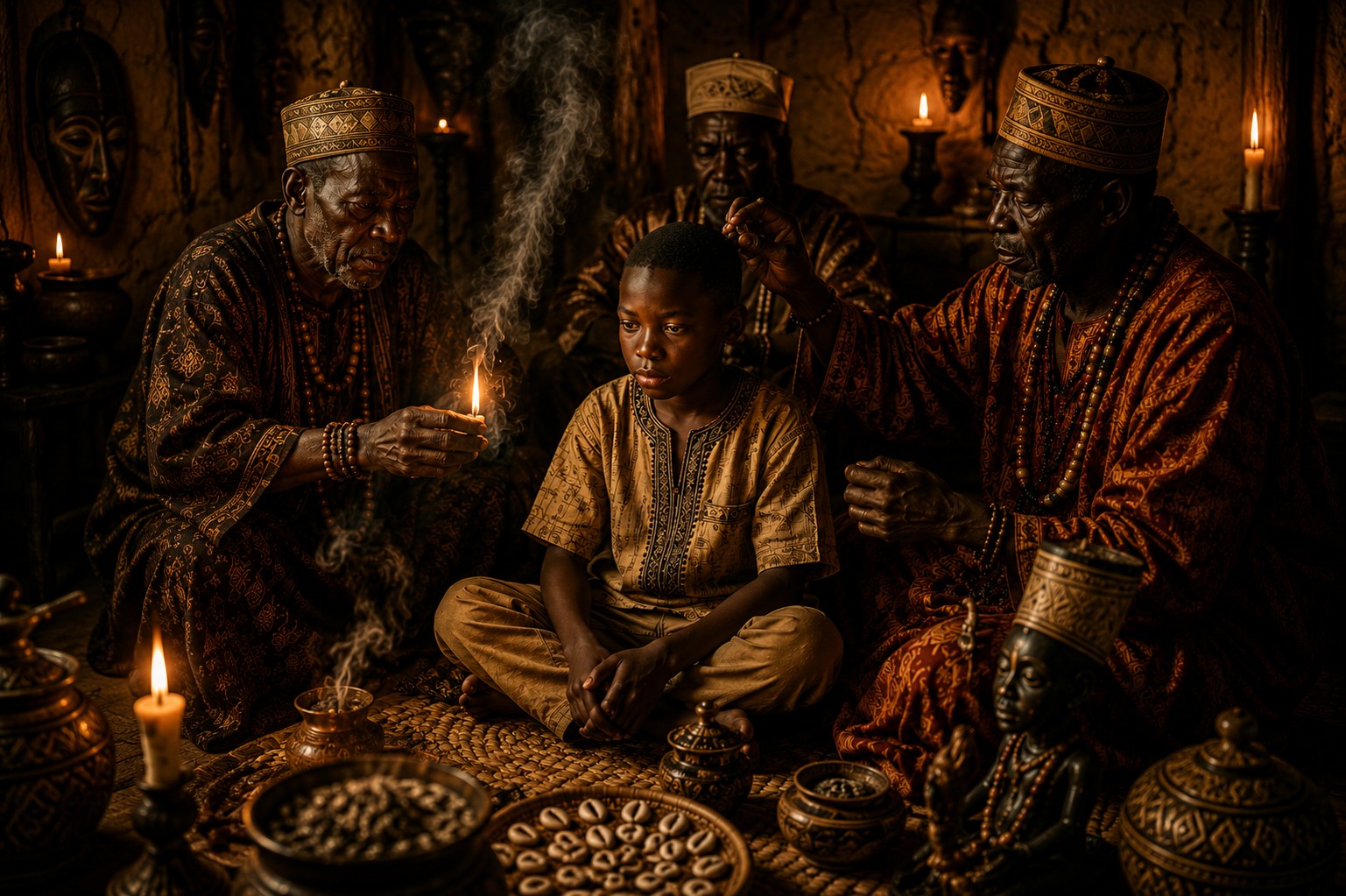 Initiation d'un jeune garçon par les anciens marabouts